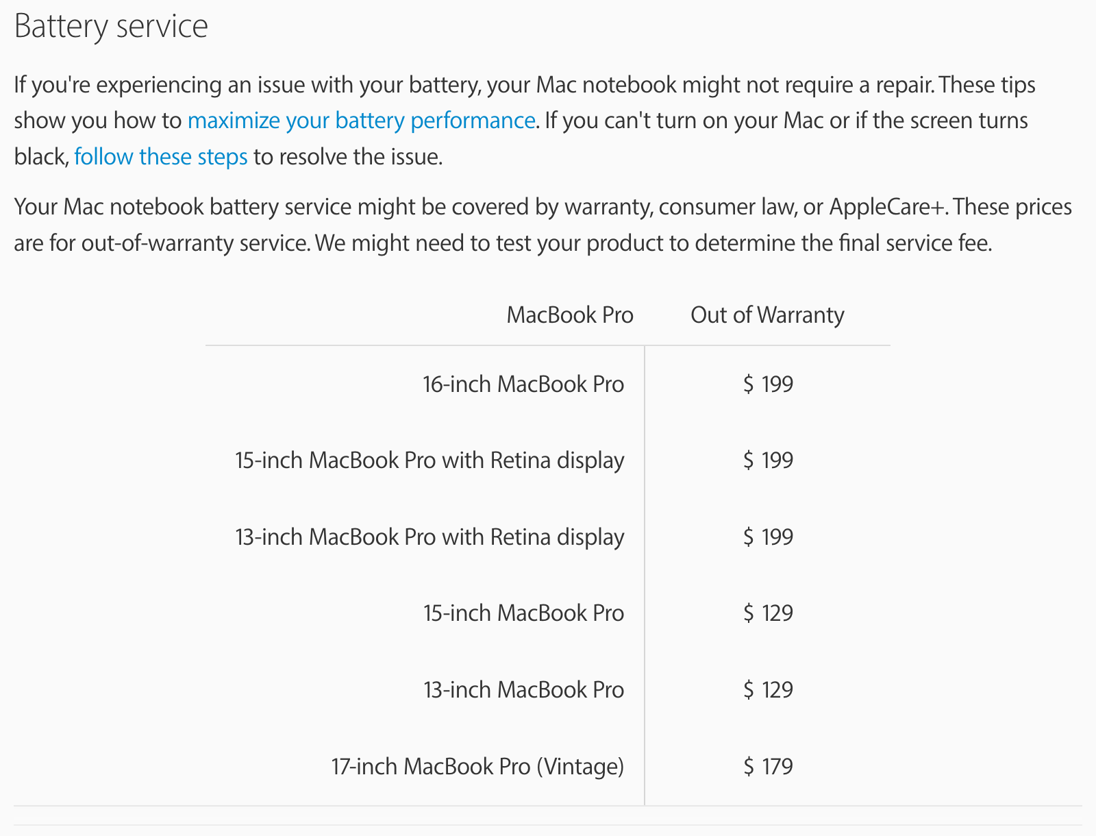 cost to replace the battery on an apple macbook pro