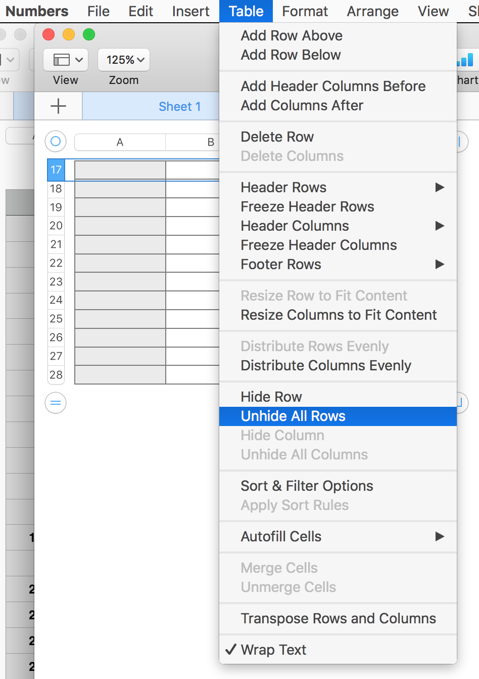 how to show 15 hidden rows in Numbers Apple Community