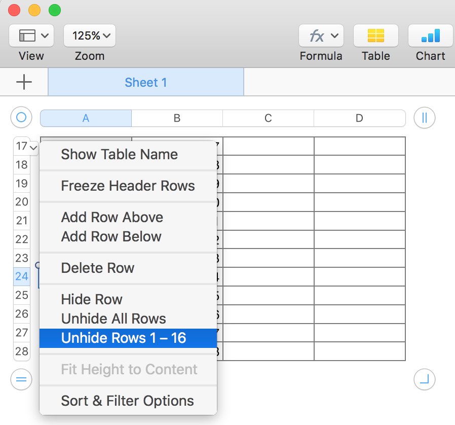 how to show 15 hidden rows in Numbers Apple Community