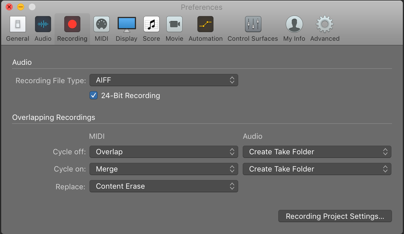 Advanced info. Настройка recording. Logic Pro preferences. Logic record take option merge. Файл рекординг это.