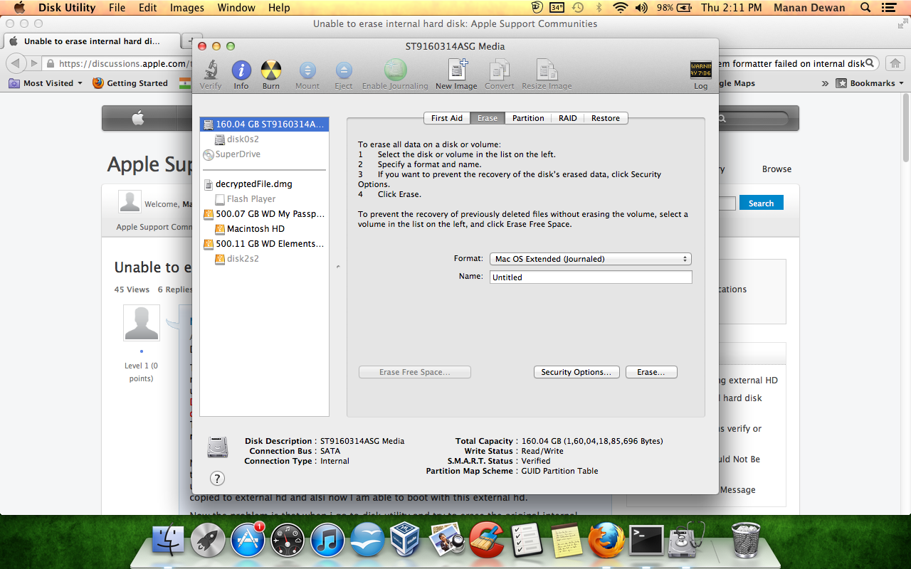 Unable to erase internal hard disk Apple Community