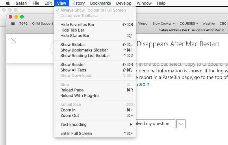 Safari Address Bar Disappears After Mac R… Apple Community