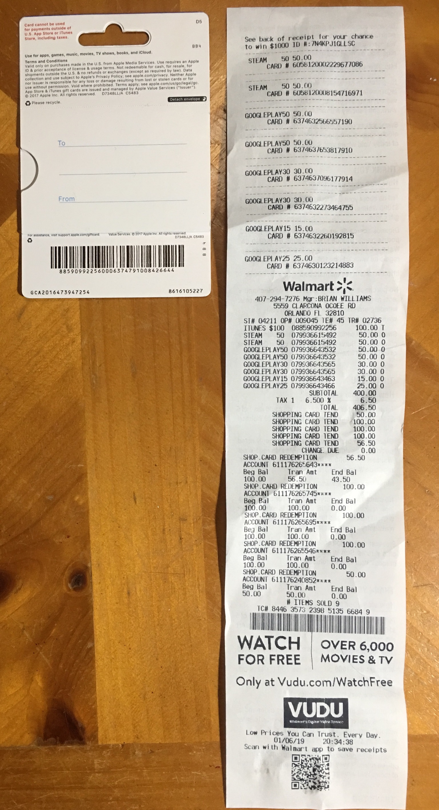 gift card register receipts