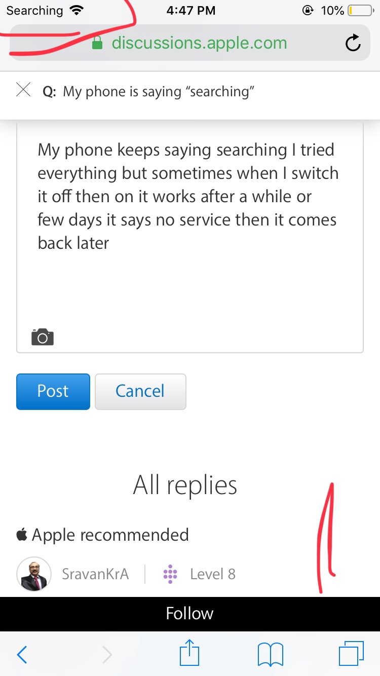 My phone is saying “searching” Apple Community