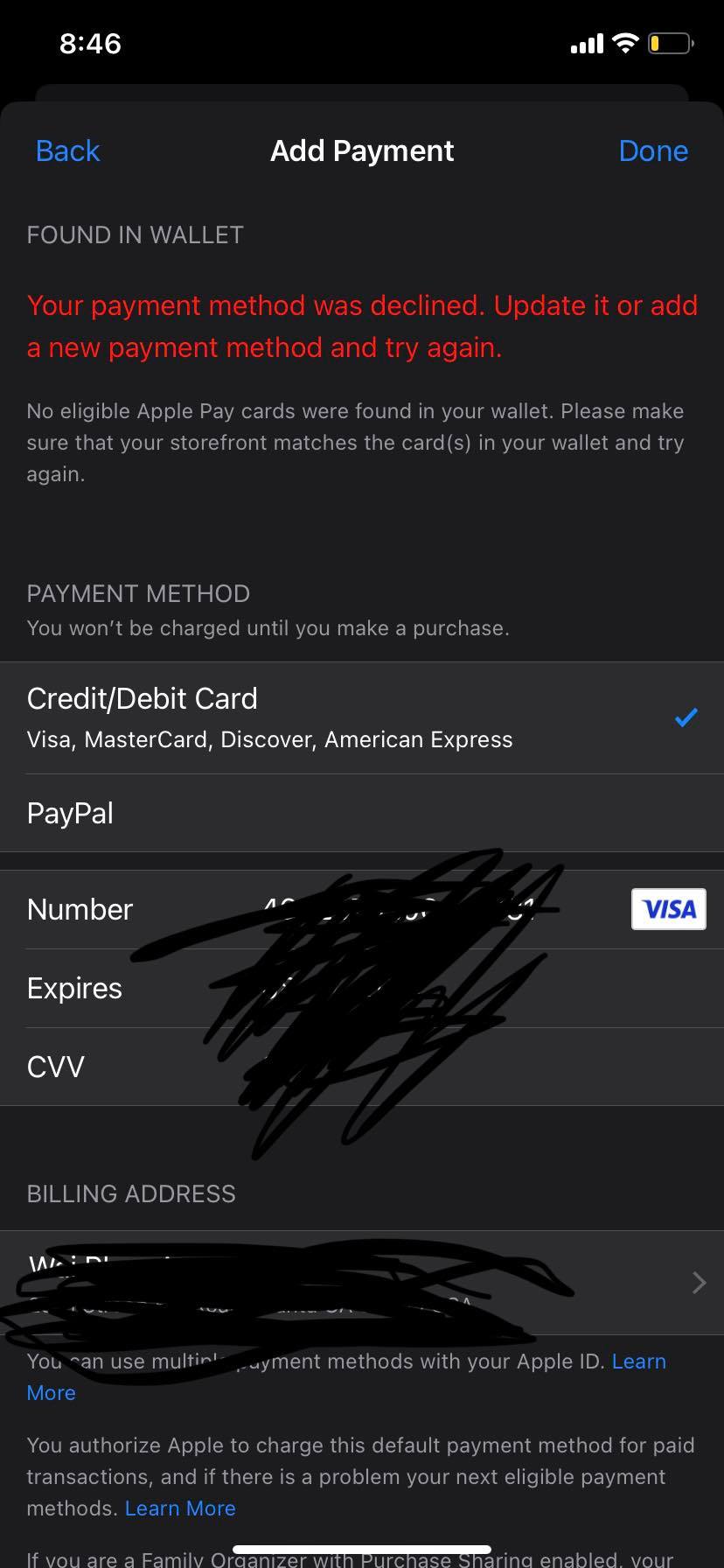 Payment Method Can t Update Apple Community