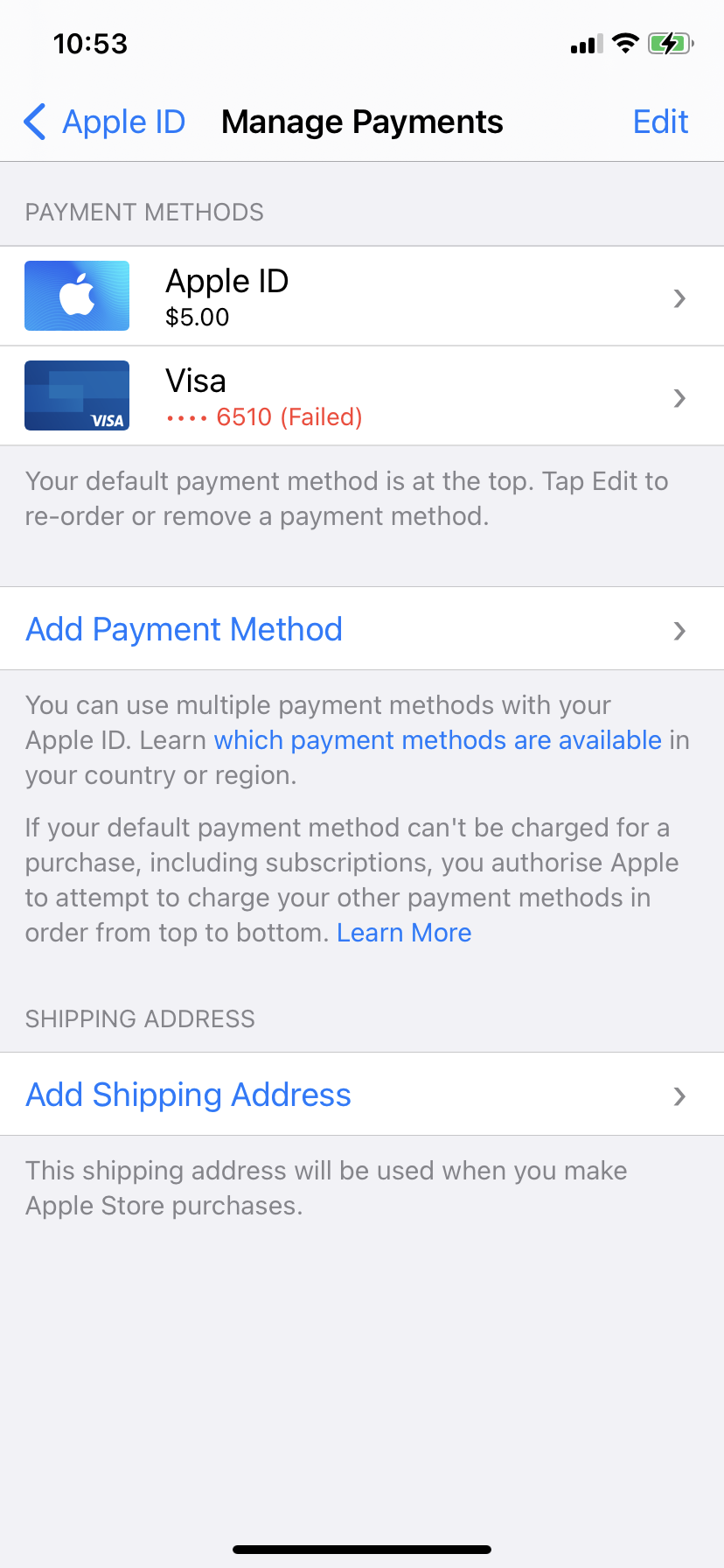 apple id keeps saying payment method failed