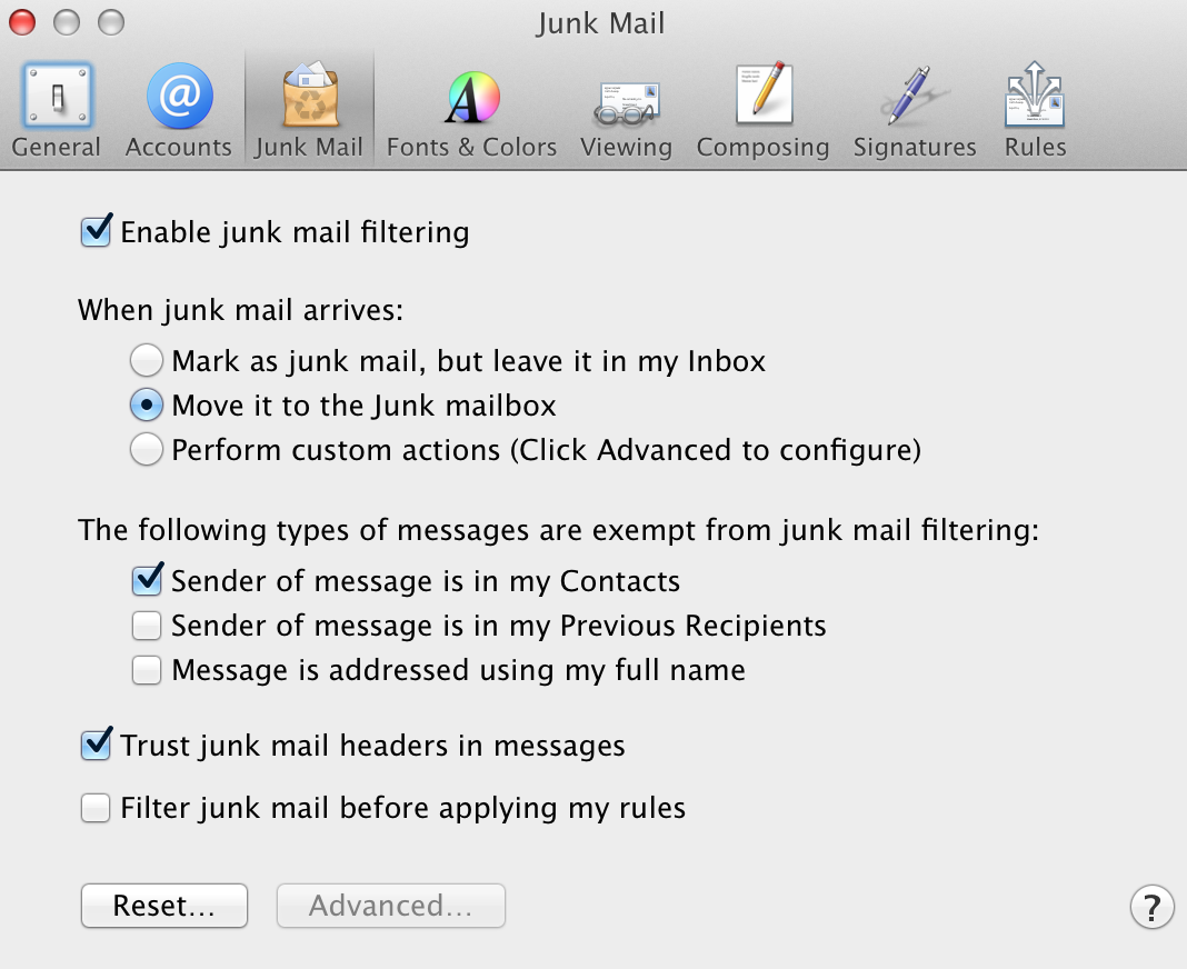 Junk mail. No Junk mail. How to show email headers. When mark arrived