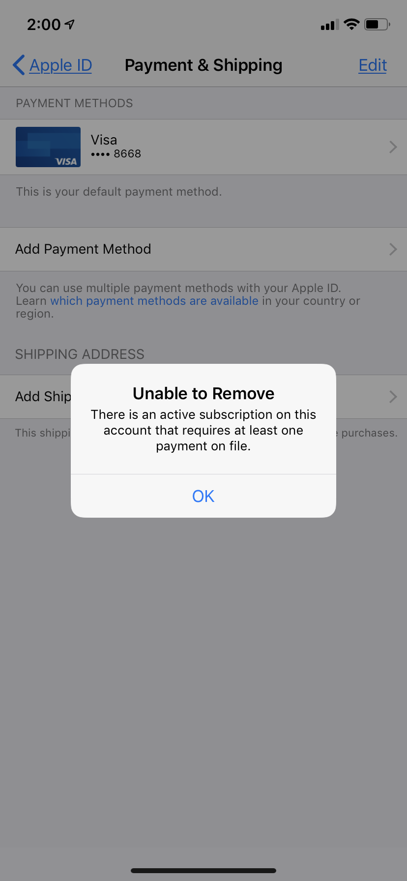 Why isn t Apple letting me remove my payment method?