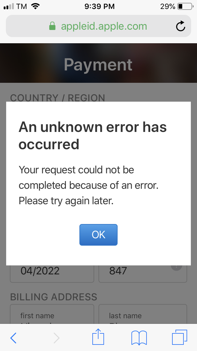 I can't add my credit card it says An unk… Apple Community