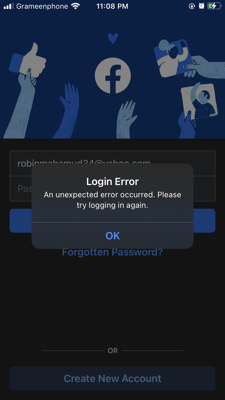 Facebook login error Apple Community