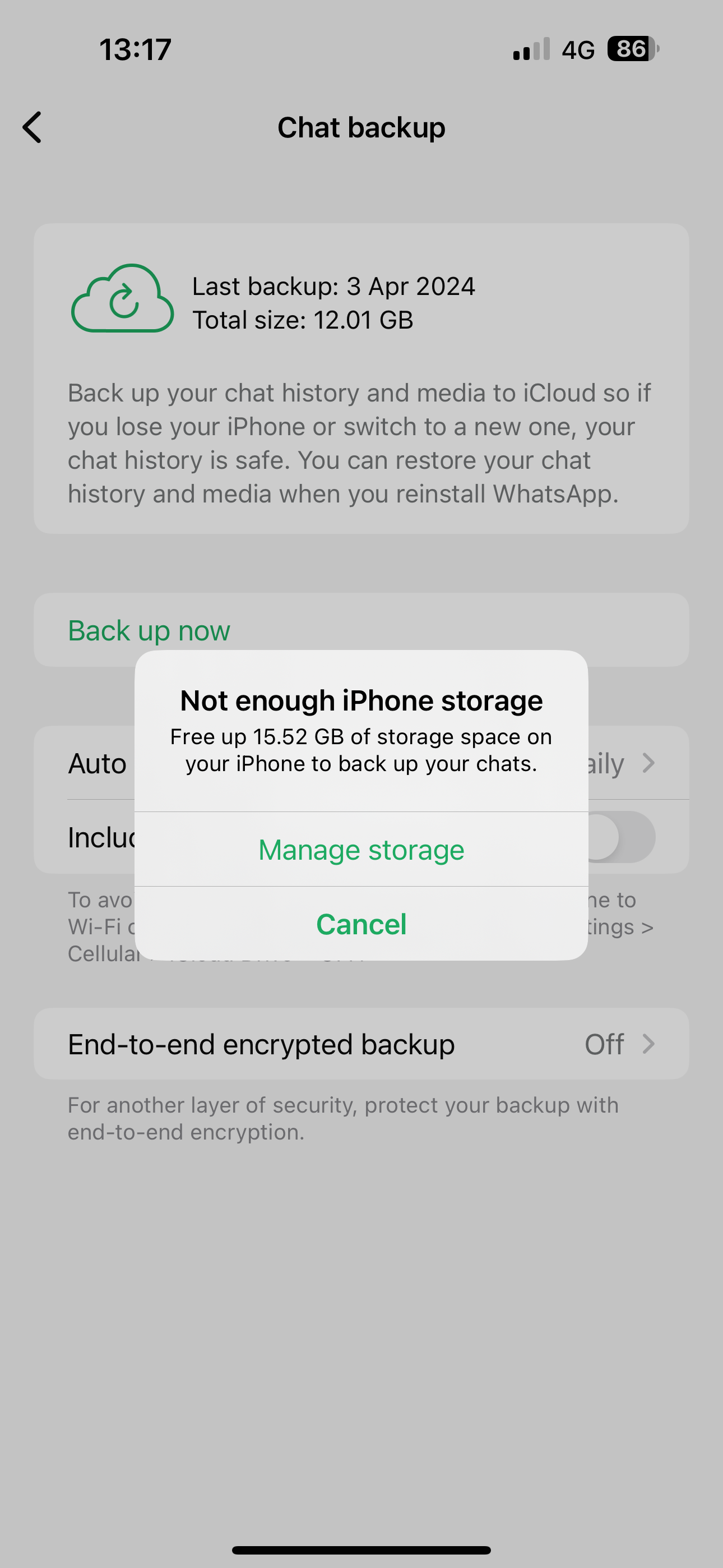 whatsapp backup not enough iphone storage… - Apple Community