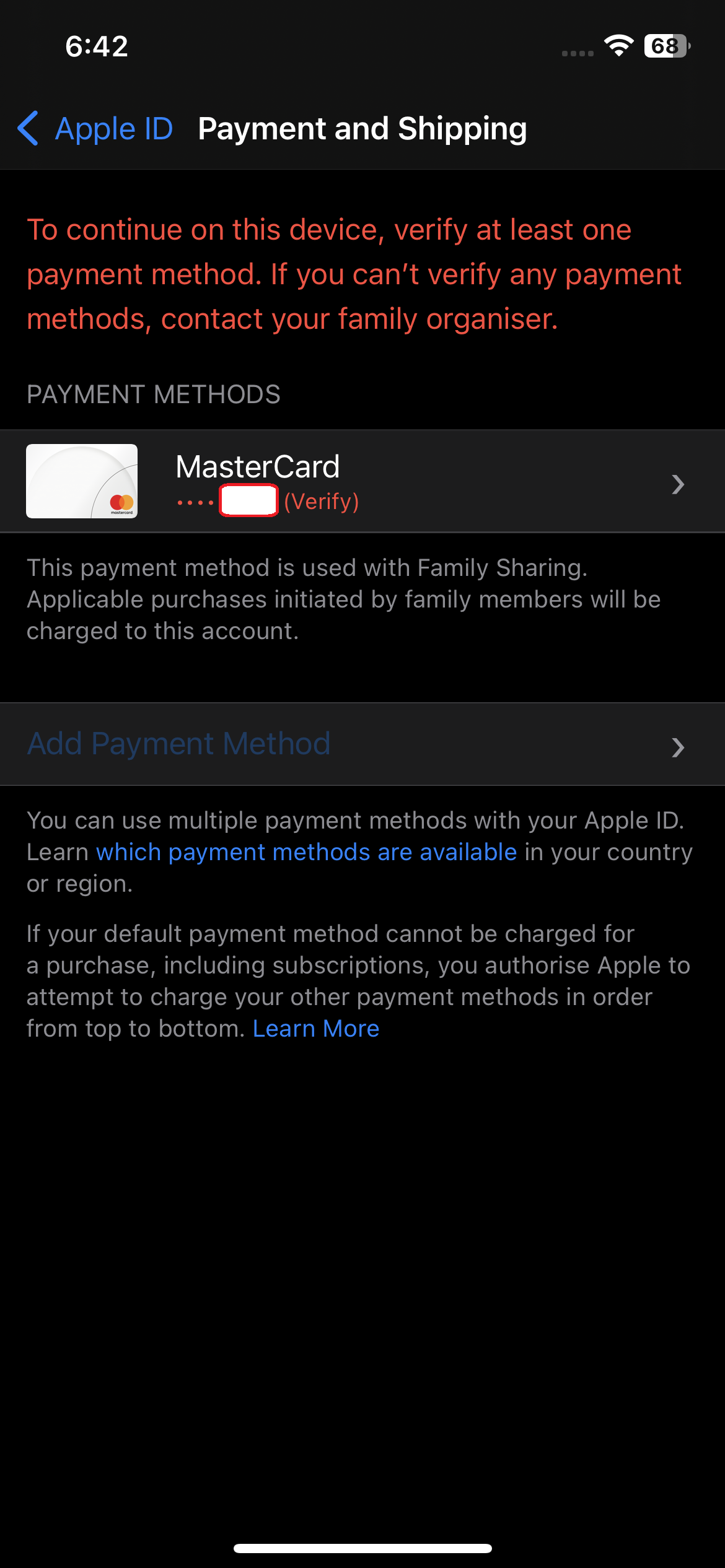 Can not add (own), or verify (Family Shar… - Apple Community