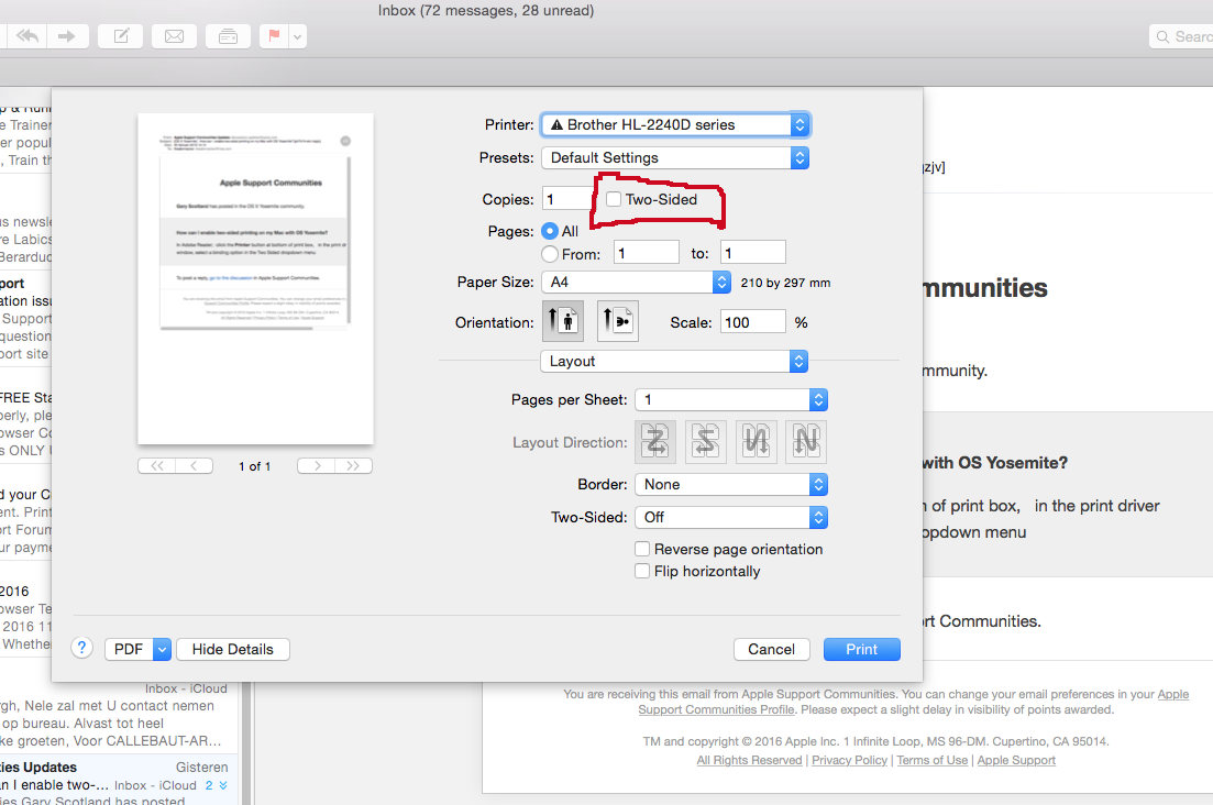 How can I enable two sided printing on my Apple Community