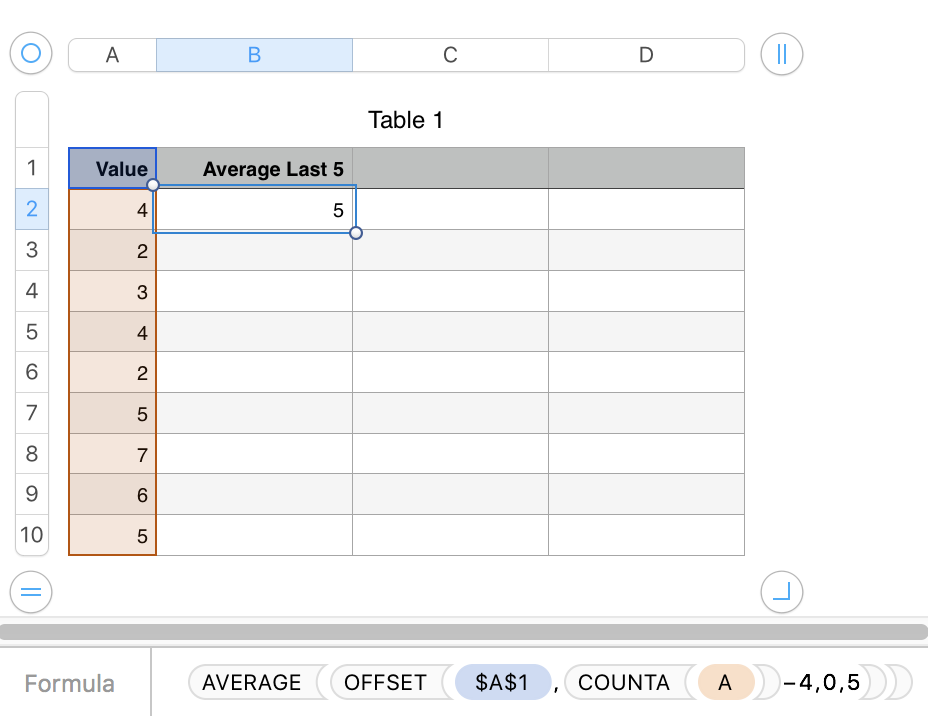 How to average last 5 values of a column Apple Community