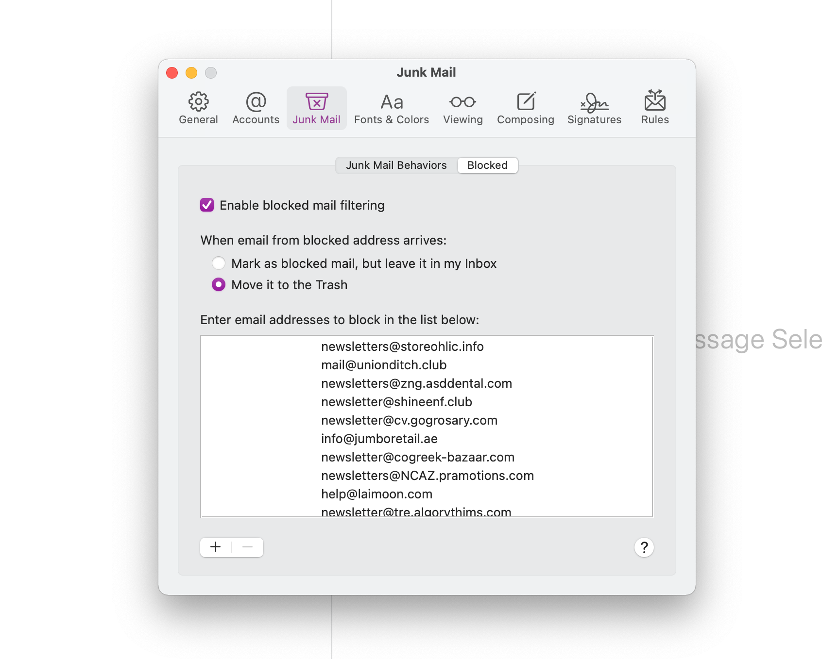 Blocked emails still not going to Trash Apple Community