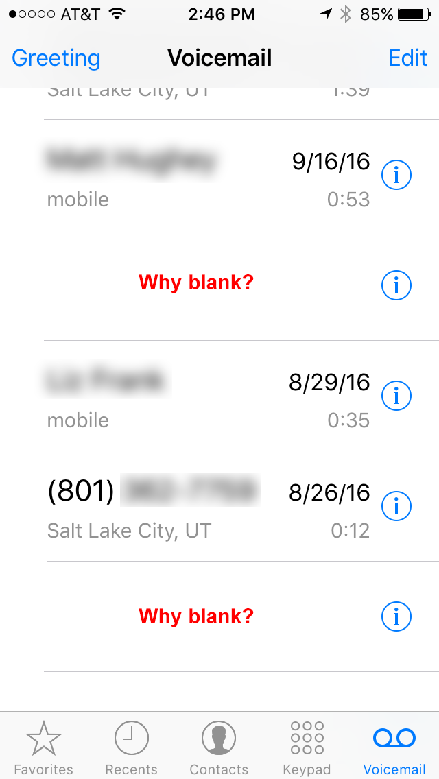 Blank row displayed in visual voicemail a… Apple Community