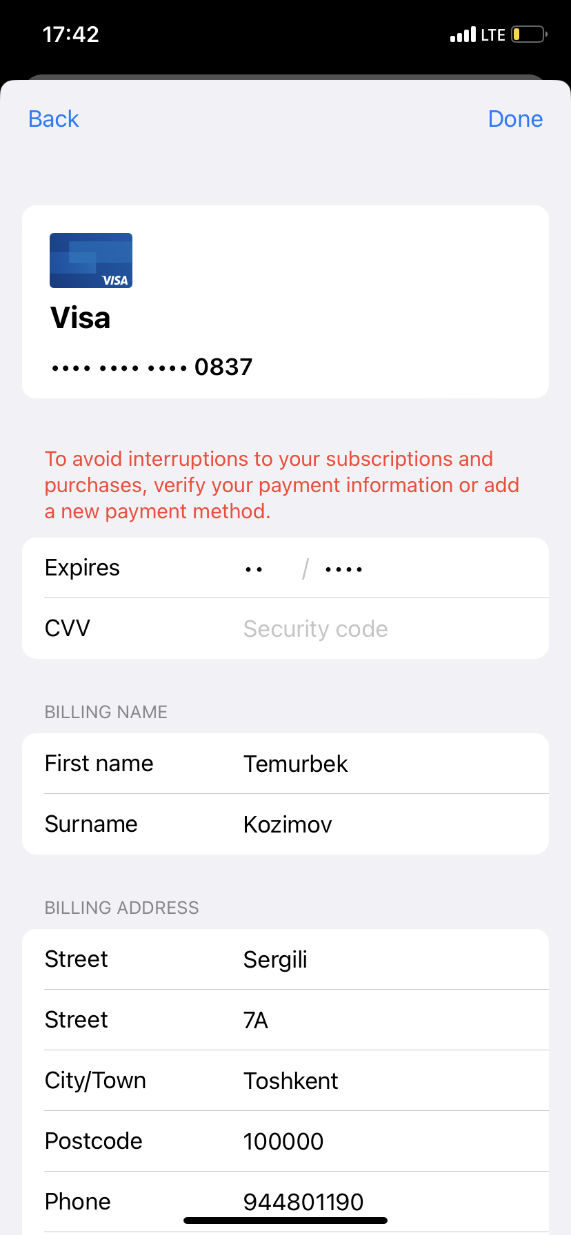 Я не могу добавить визу карту, CVv я писа… - Apple Community