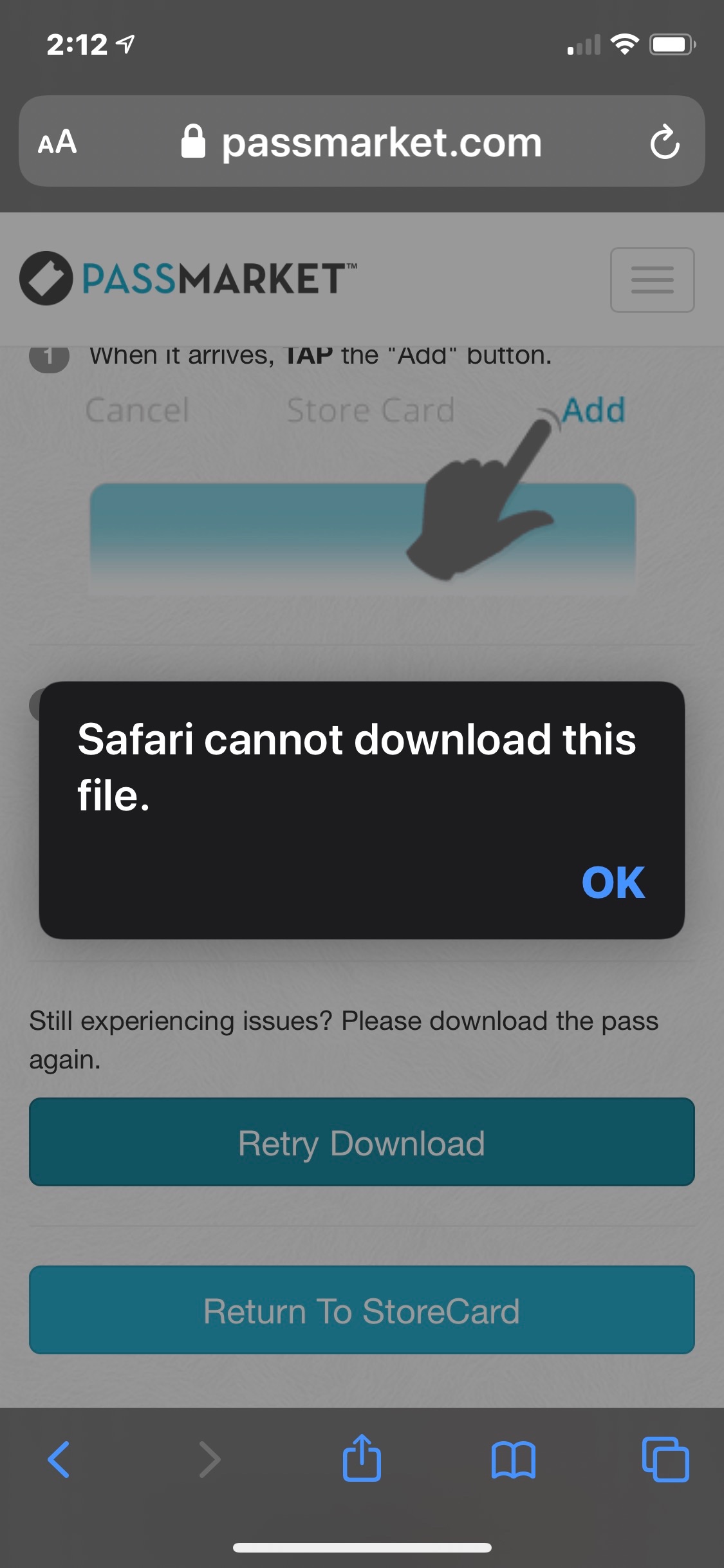 safari won't download to apple wallet