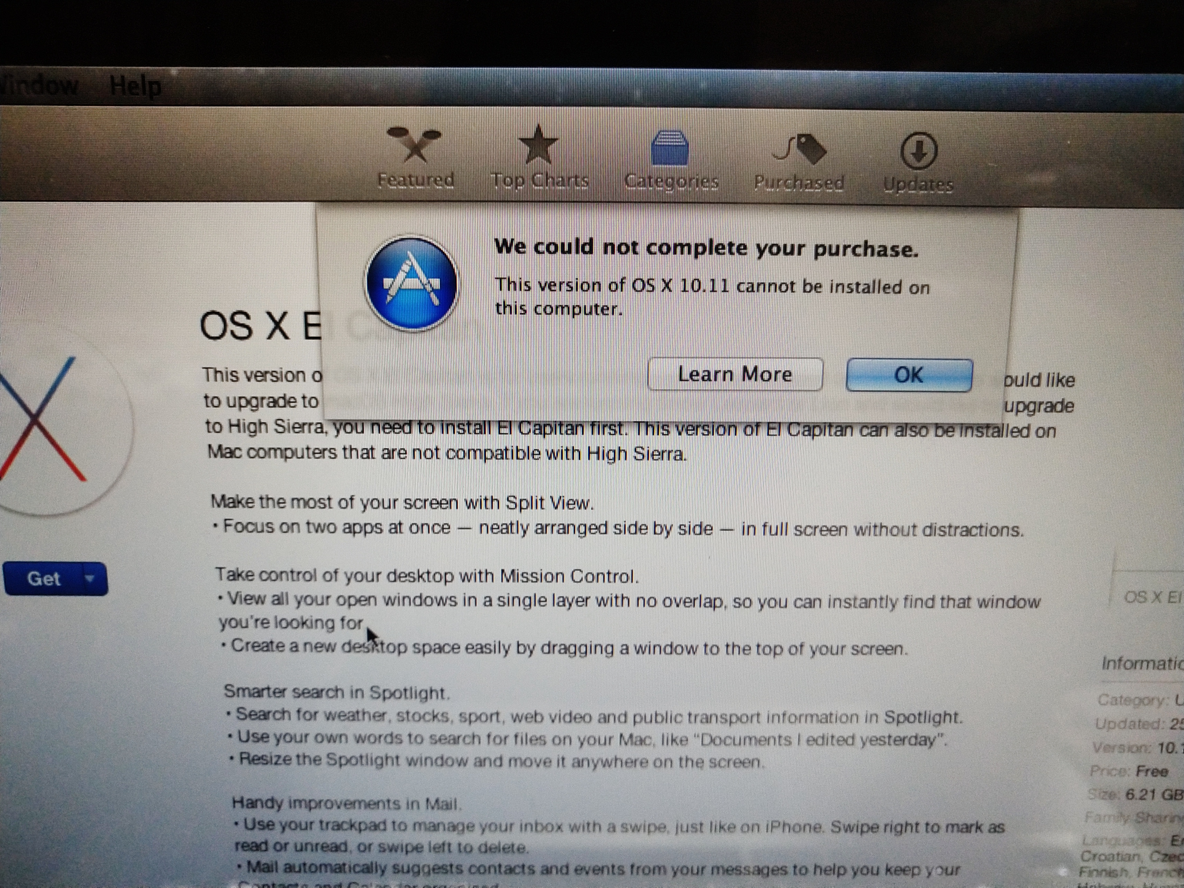 Cant Update From Mac Os 10 8 5 To El Capt Apple Community