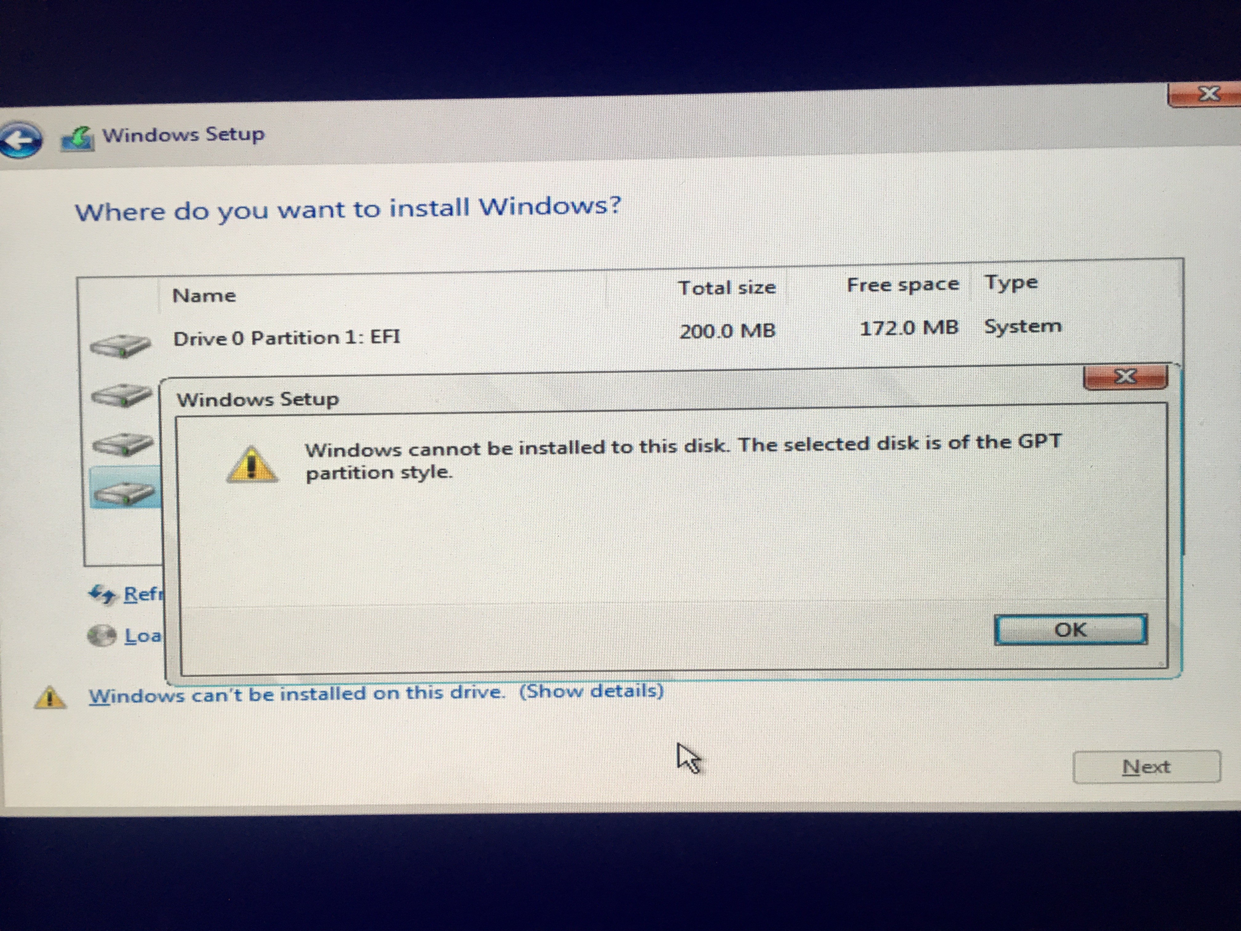 Windows can. Windows cannot be installed to this Disk the selected Disk has an MBR. Windows cannot be installed to this Disk. Windows could. Windows can't be installed on Drive 0 Partition 1.