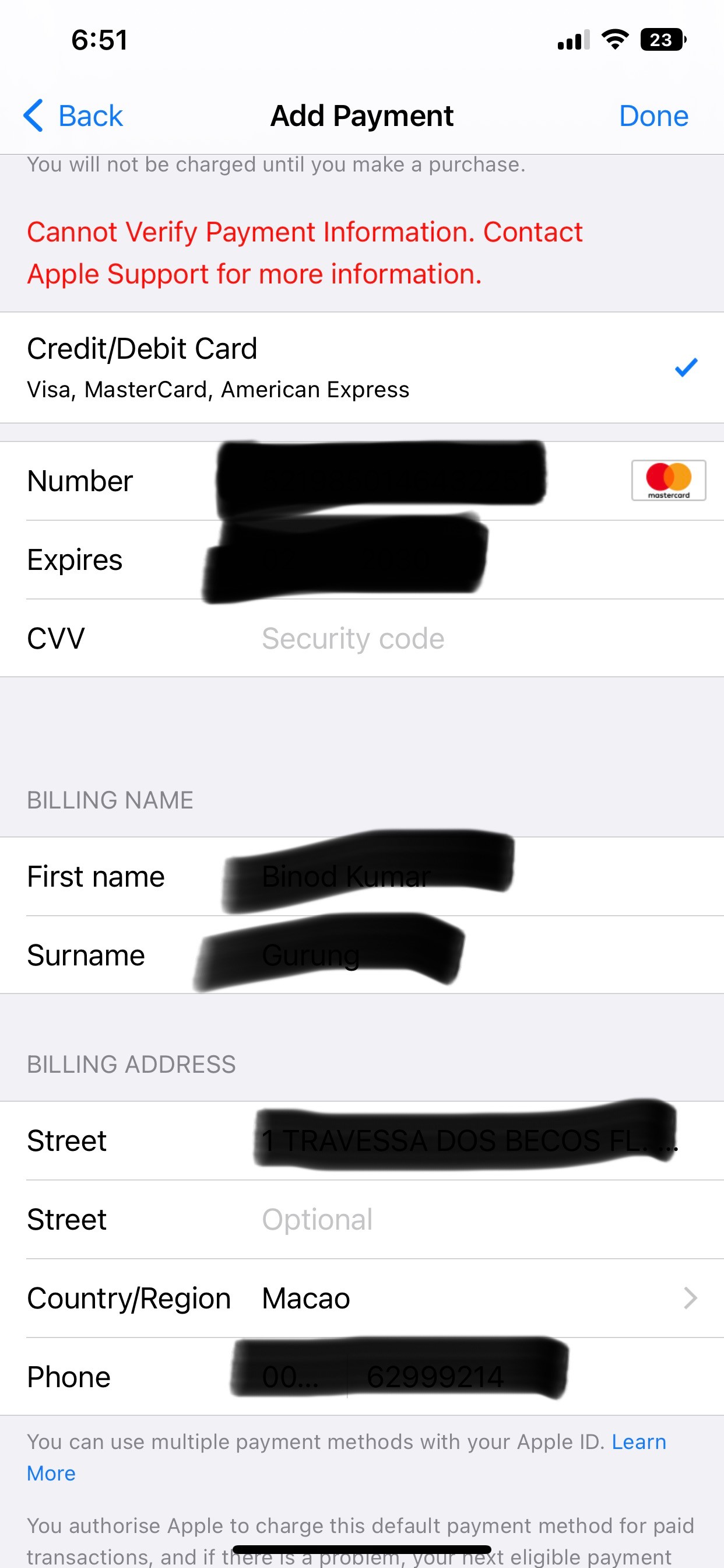 unable to add payment method iphone