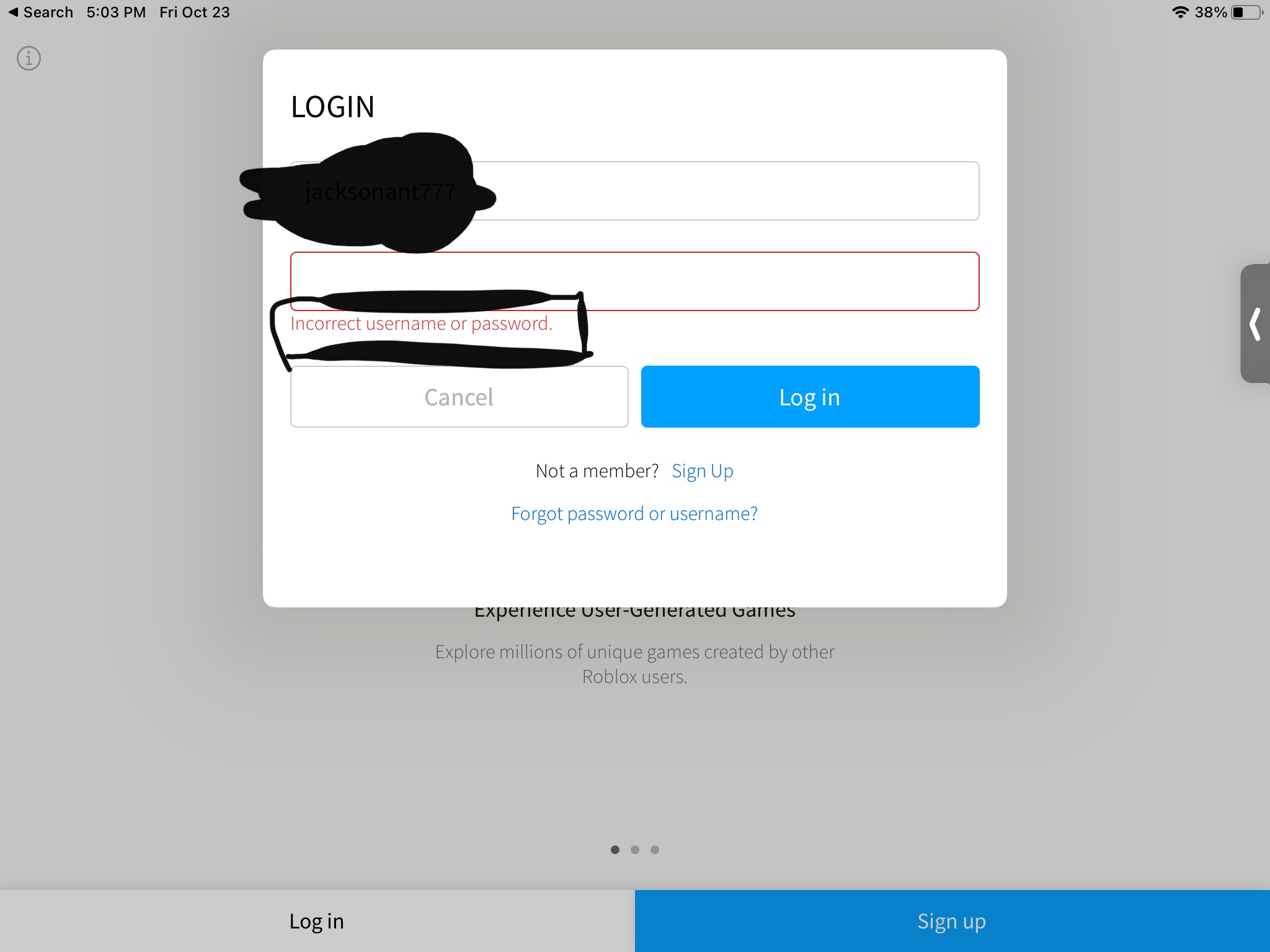 Incorrect Username And Password When Logg Apple Community - roblox sign in password