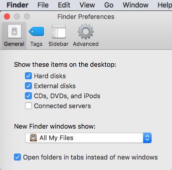 Finder Preferences in Mac per visualizzare card SD