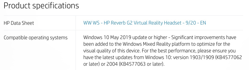 HP Reverb G2 Virtual Reality Headset Specifications