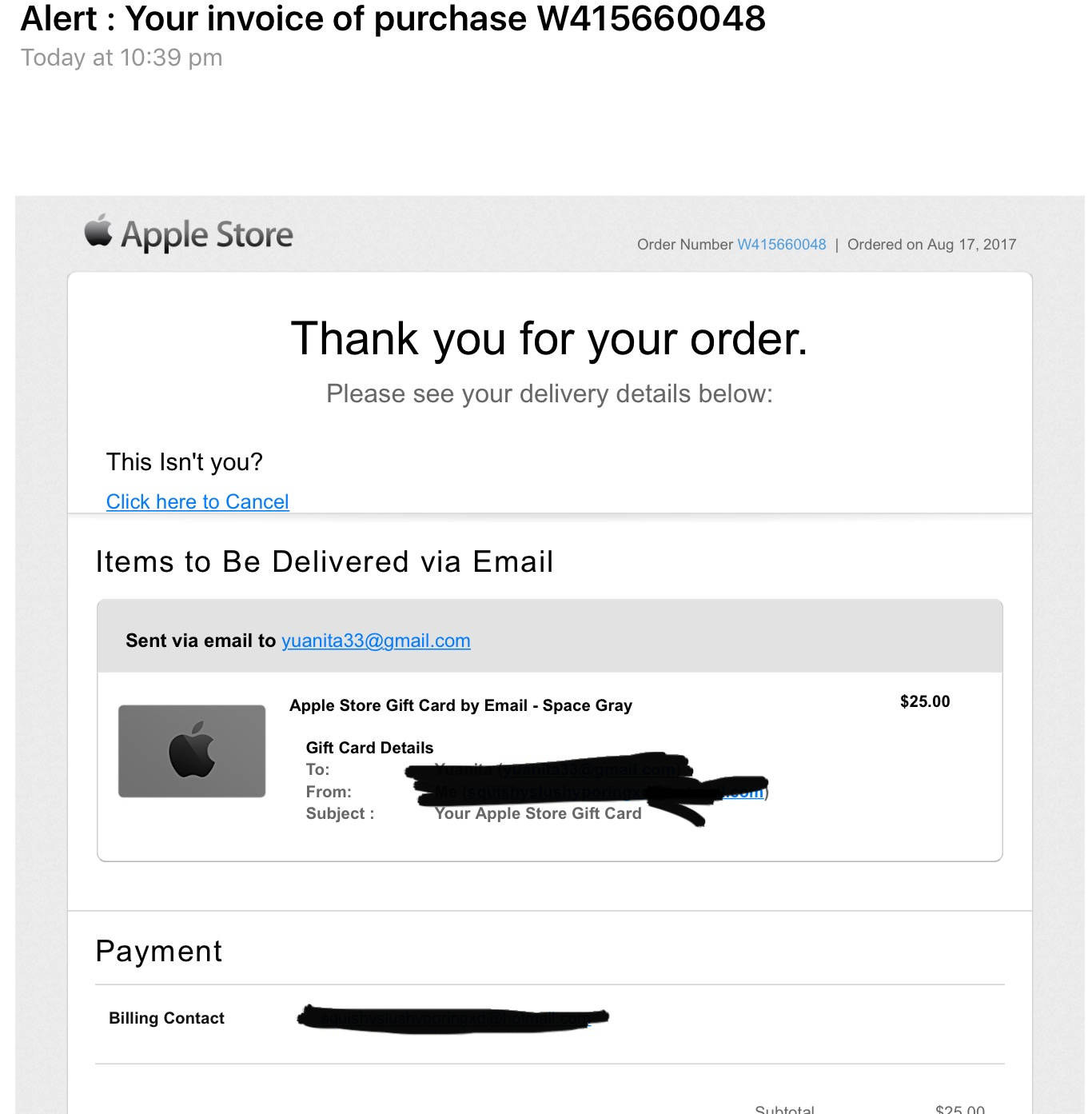 Payment For Apple Gift Card Email Scam - Removal and recovery steps
