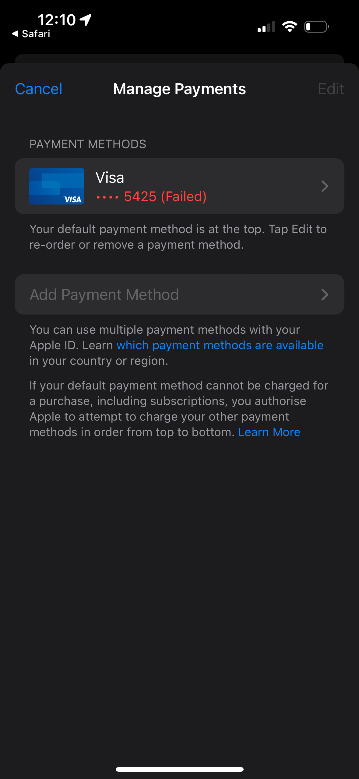 I cant change my payment method, the butt… - Apple Community