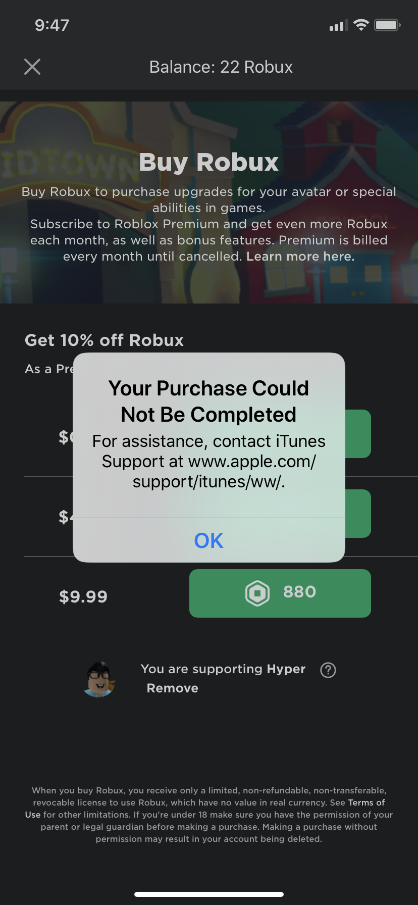 Purchase Cannot Be Apple Community - robux purchase could not be completed