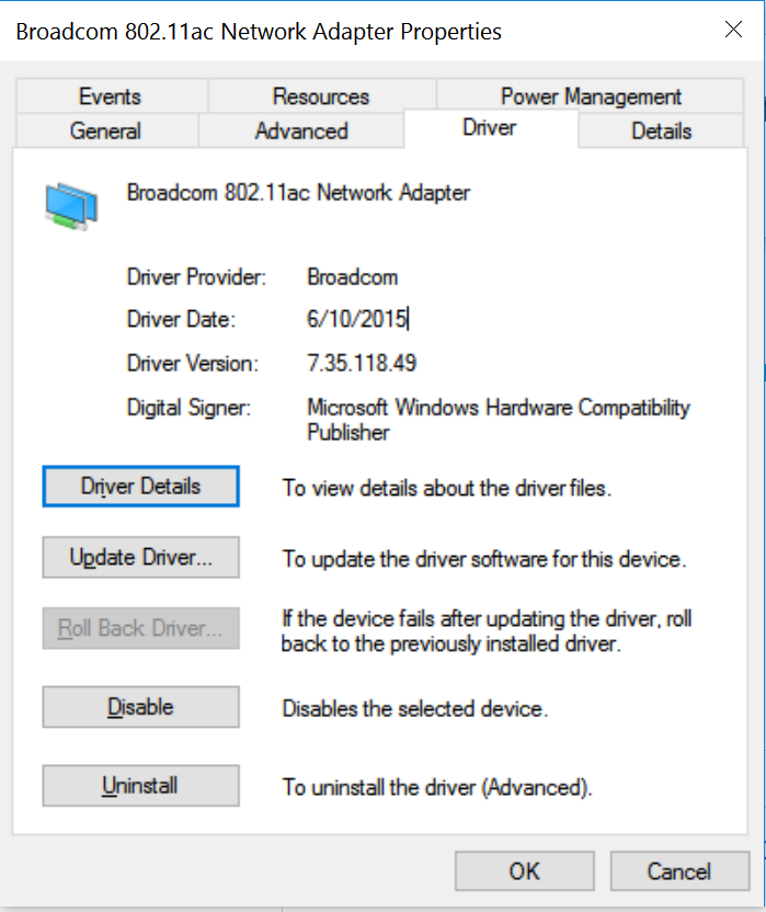 I rolled back the Broadcom network adaptor now using the default windows/br...