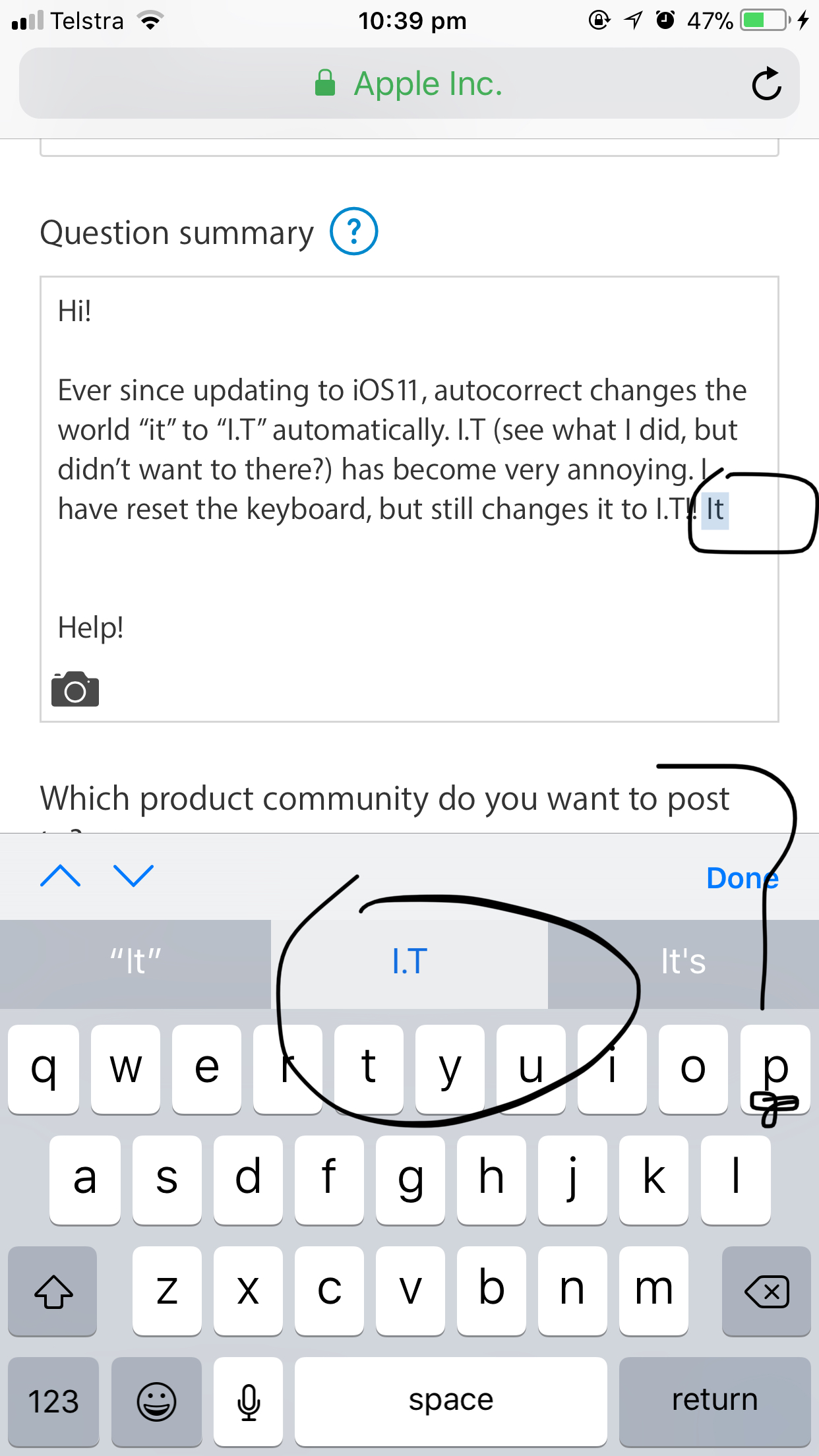 Autocorrect changing it to I.T - Apple Community