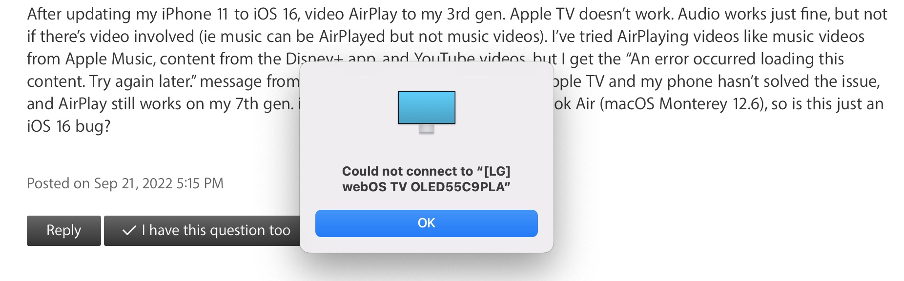 AirPlay not Working after iOS 16 Update - Apple Community