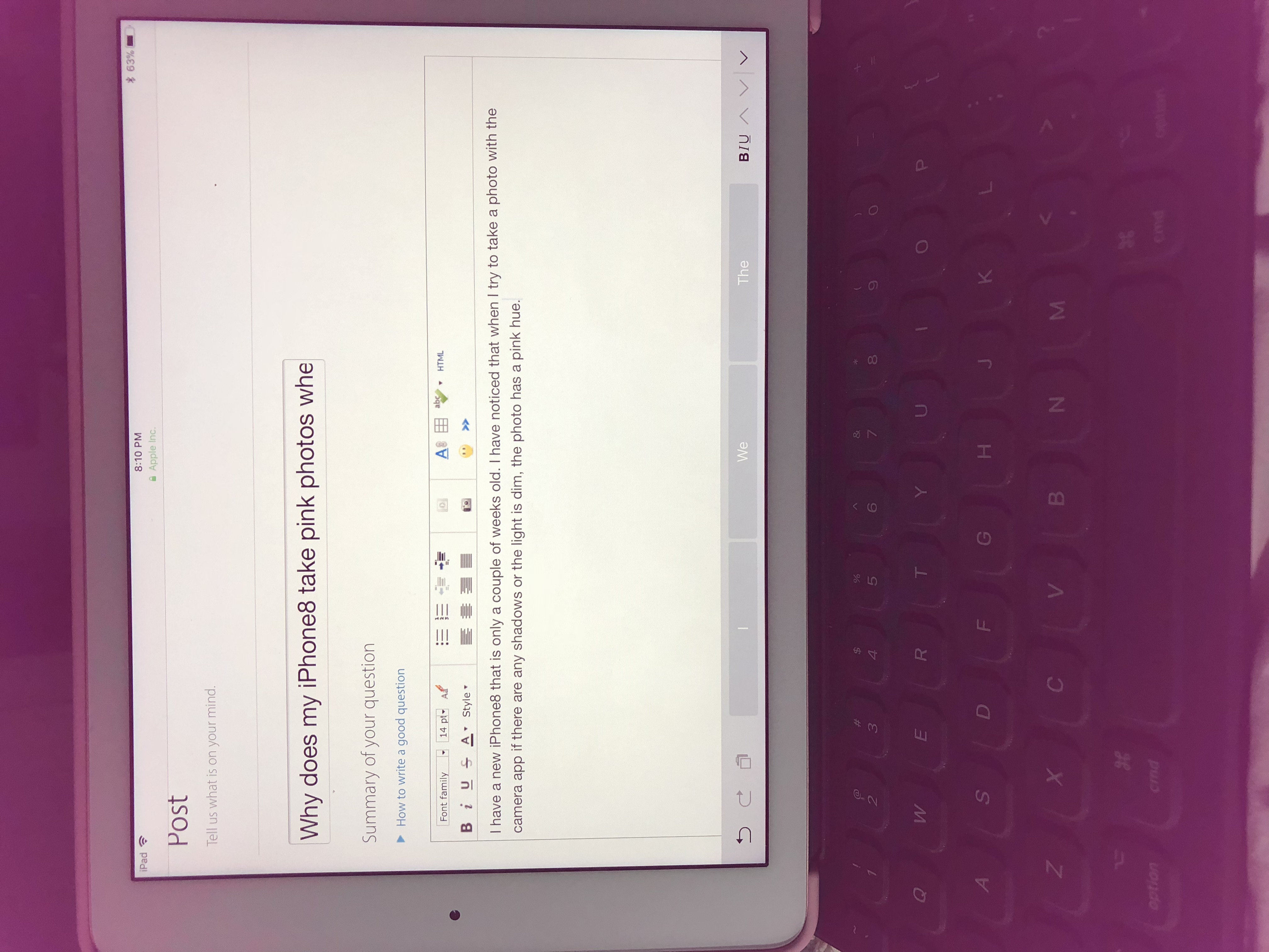 Why does my iPhone8 take pink photos when… Apple Community