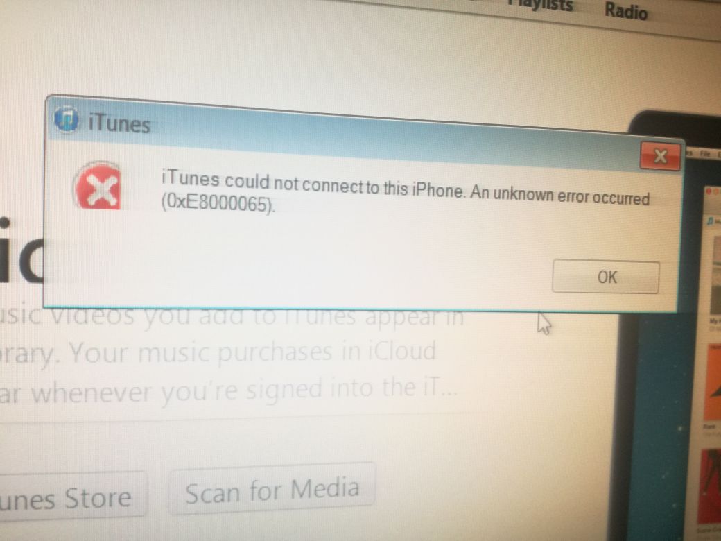 Айфон не синхронизируется с itunes на компьютере ошибка 0xe8000065 itunes