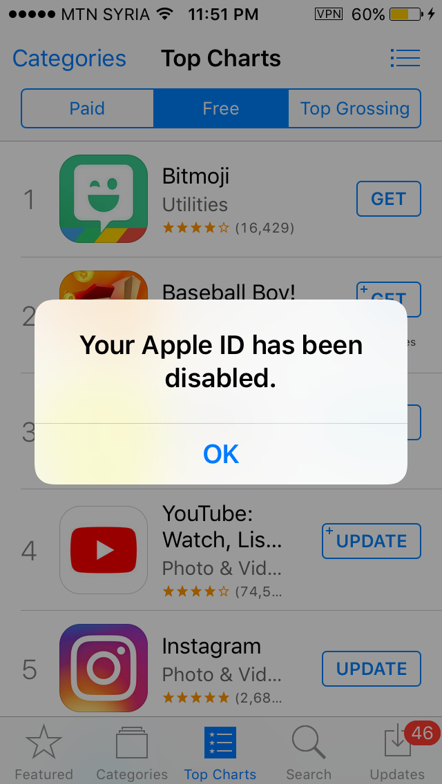 Trying to download game and it says appleid disabled to work