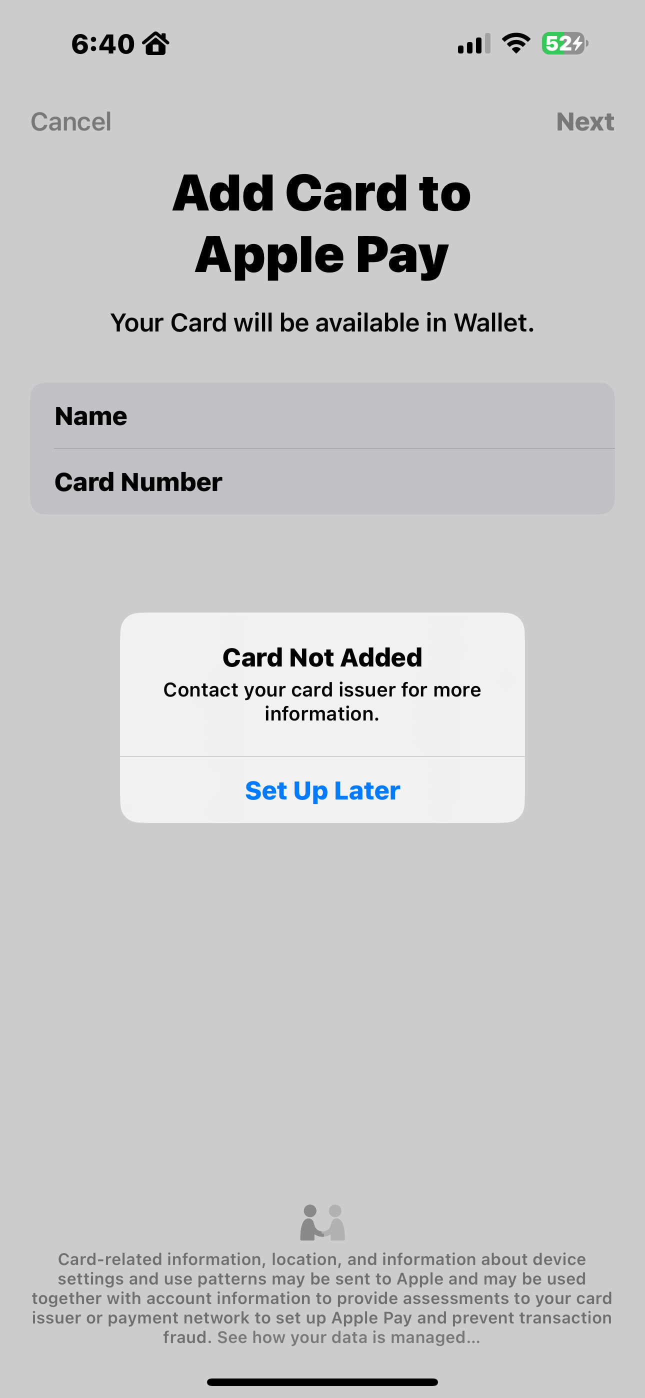 Not able to add any cards to wallet Apple Community