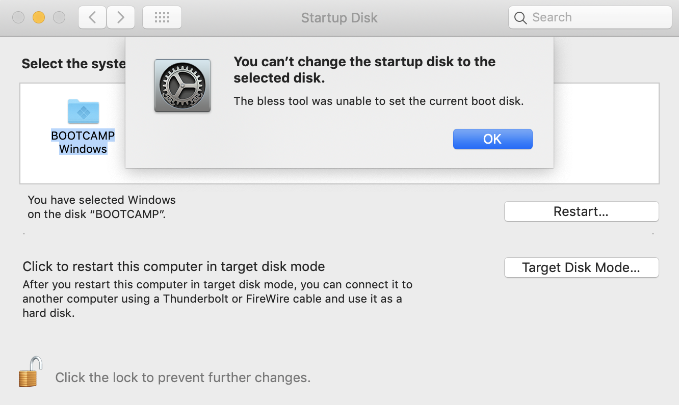 Startup Disk. Инструмент Bless не смог назначить текущий загрузочный диск Mac os. Unable to write to this Disk in Drive. Unable to Lock the Disk Boot your Computer from a Linux based Bootable Media and then try again.