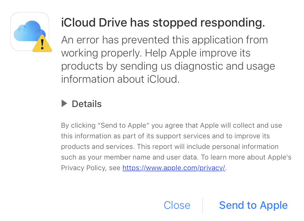 iCloud gives "stopped responding" message Apple Community