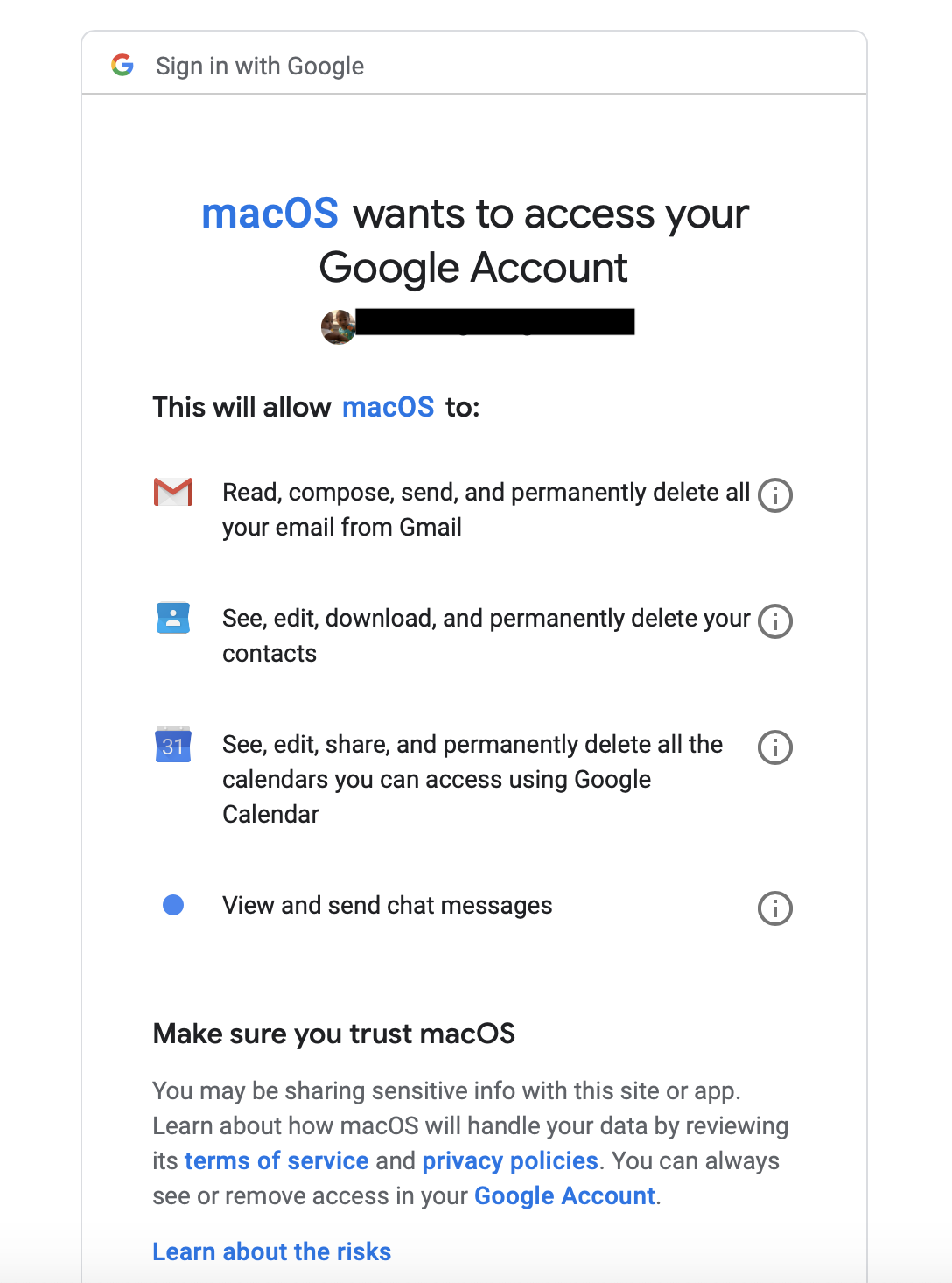 macos wants full access to google