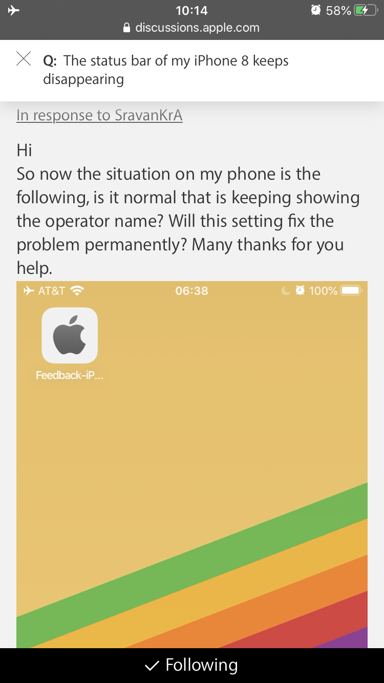 The status bar of my iPhone 8 keeps disap… Apple Community