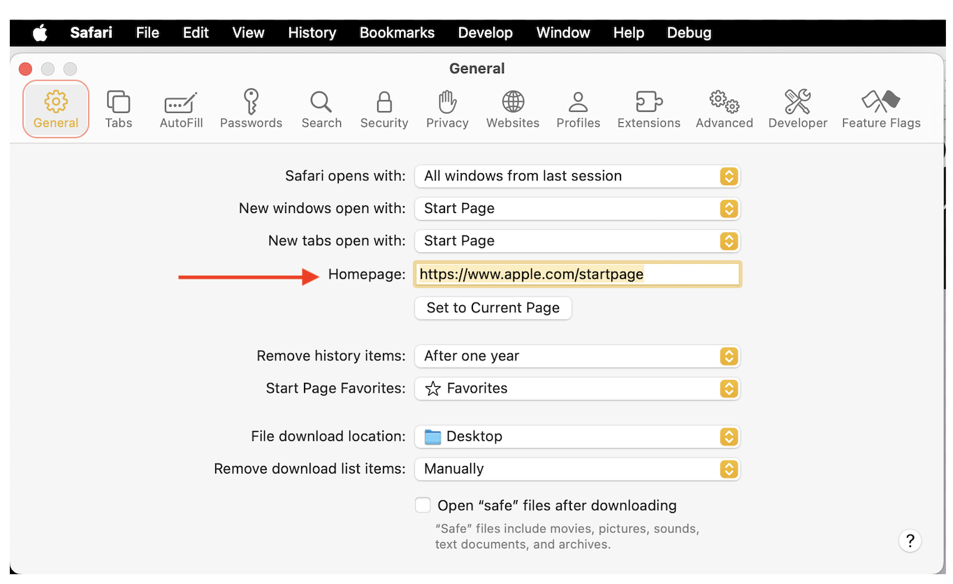 safari startpage as homepage