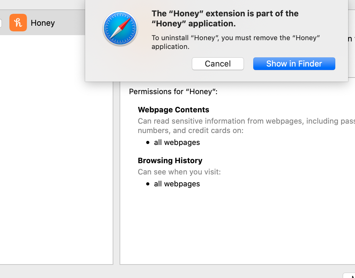 Cannot delete Honey extensions Apple Community