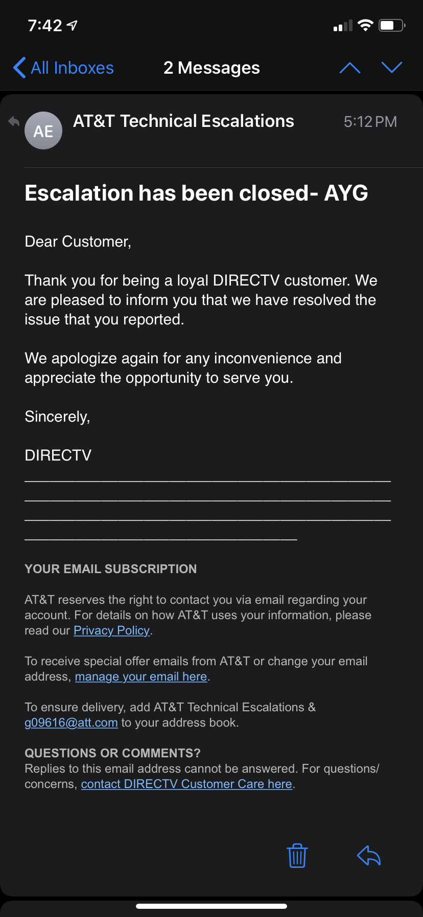 Direct TV / ATT care code 205.4 - Apple Community