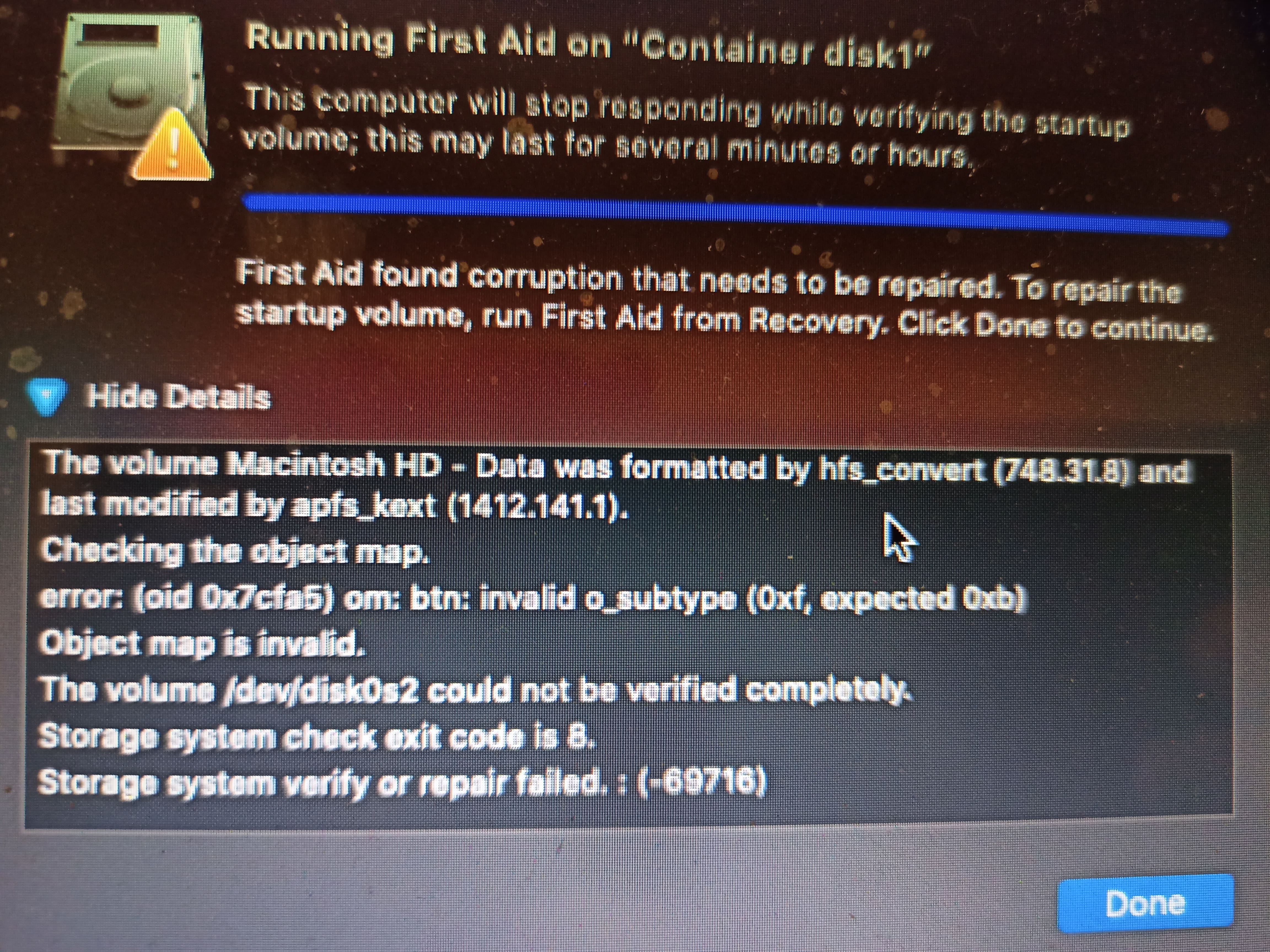 Solved: The volume Macintosh HD was found corrupt and needs to be repaired