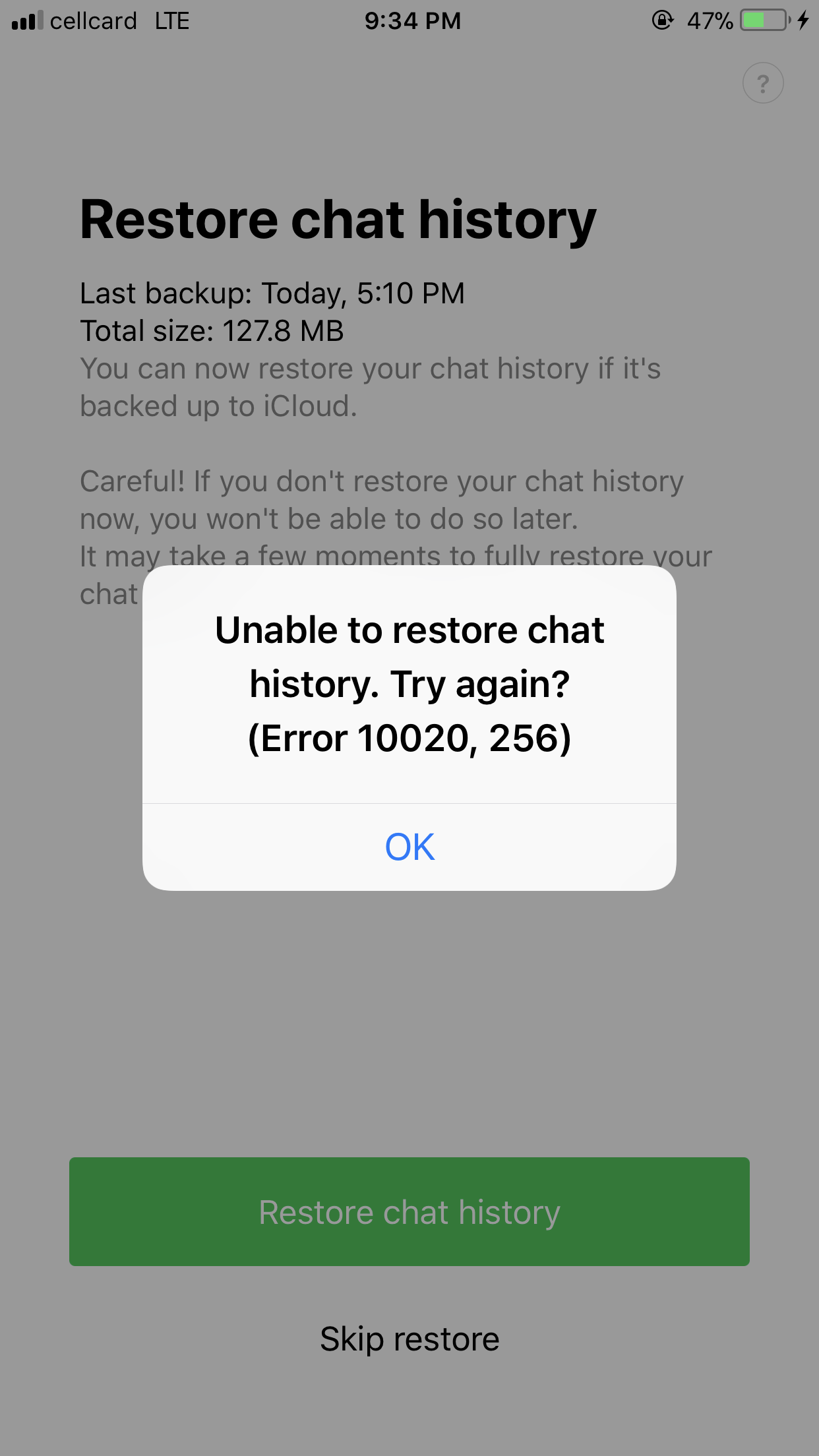 Error Line Chat History Restore Apple Community