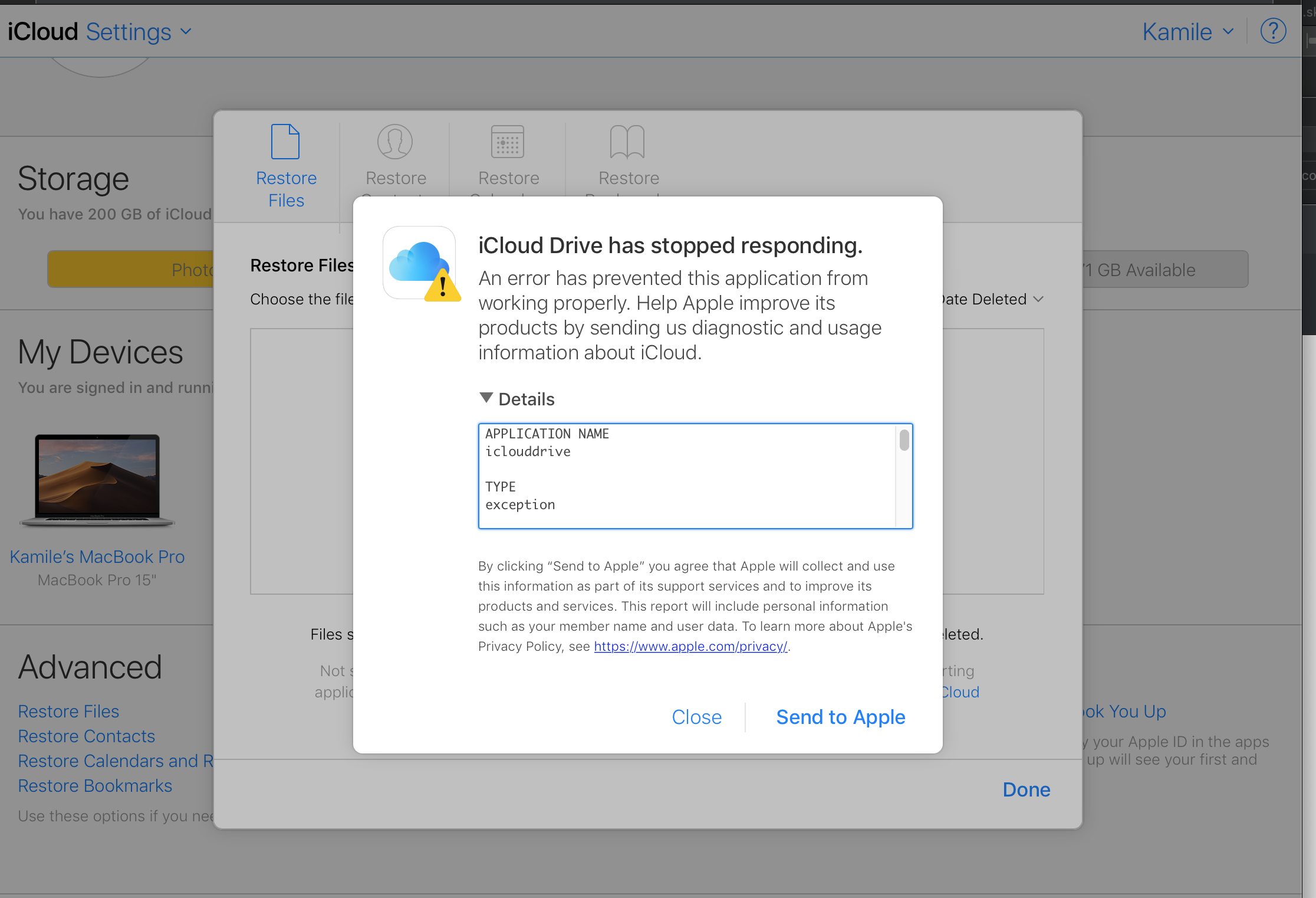 iCloud drive crashes when restoring files Apple Community