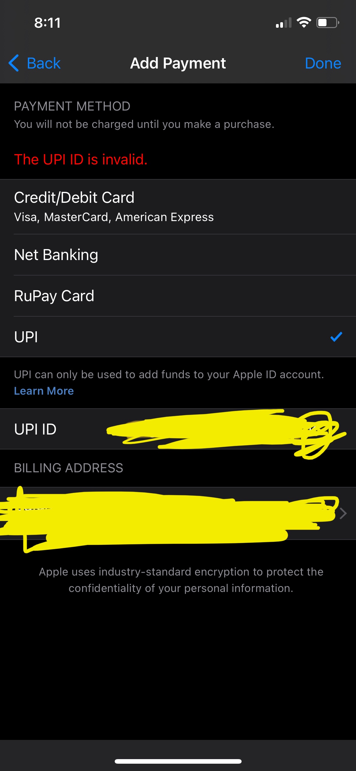 cannot add apple id payment method