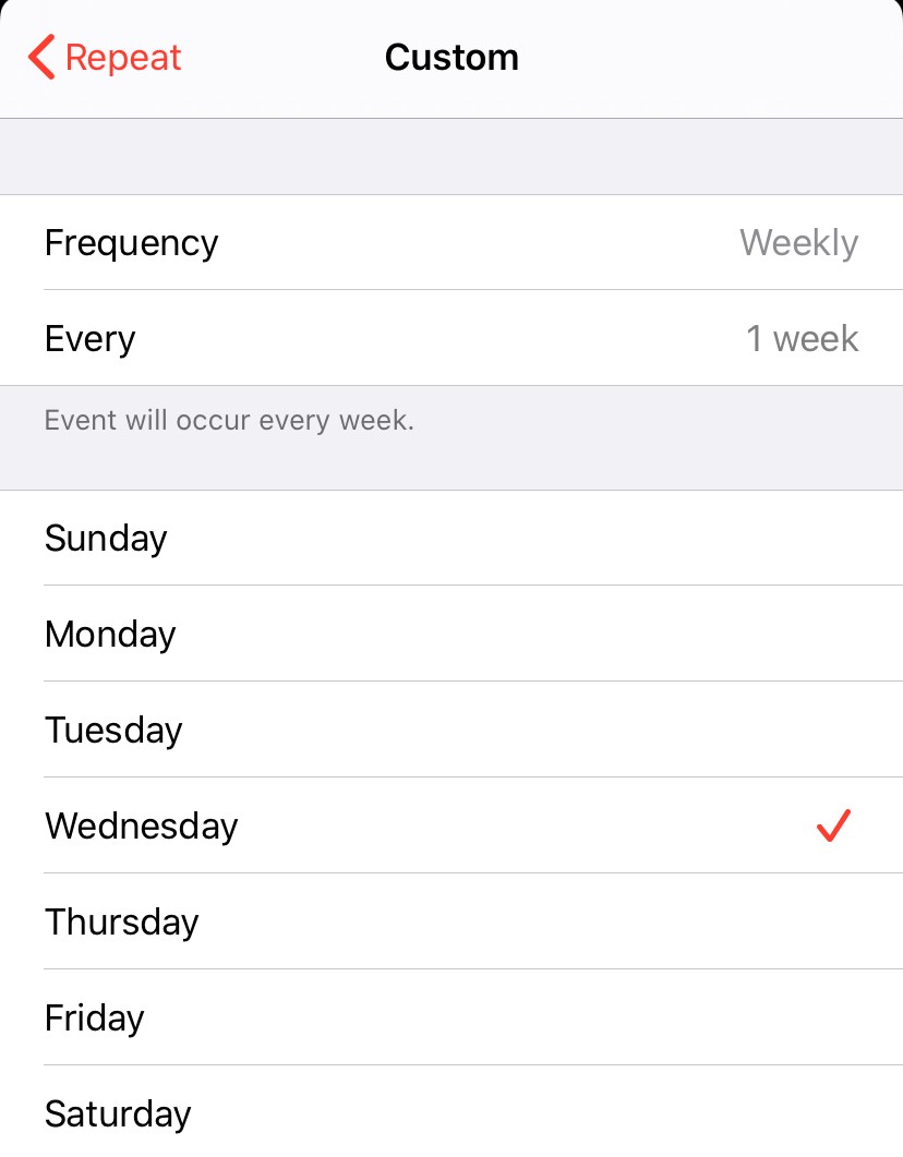 iPhone 11 Calendar Weekly Repeat Star… Apple Community